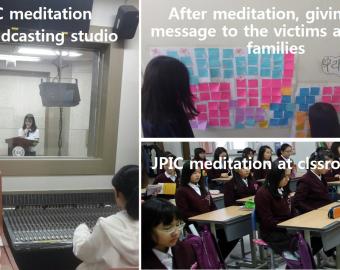 Students in classroom listening to/in meditation on the JPIC issues; student broadcaster; students writing messages to victims
